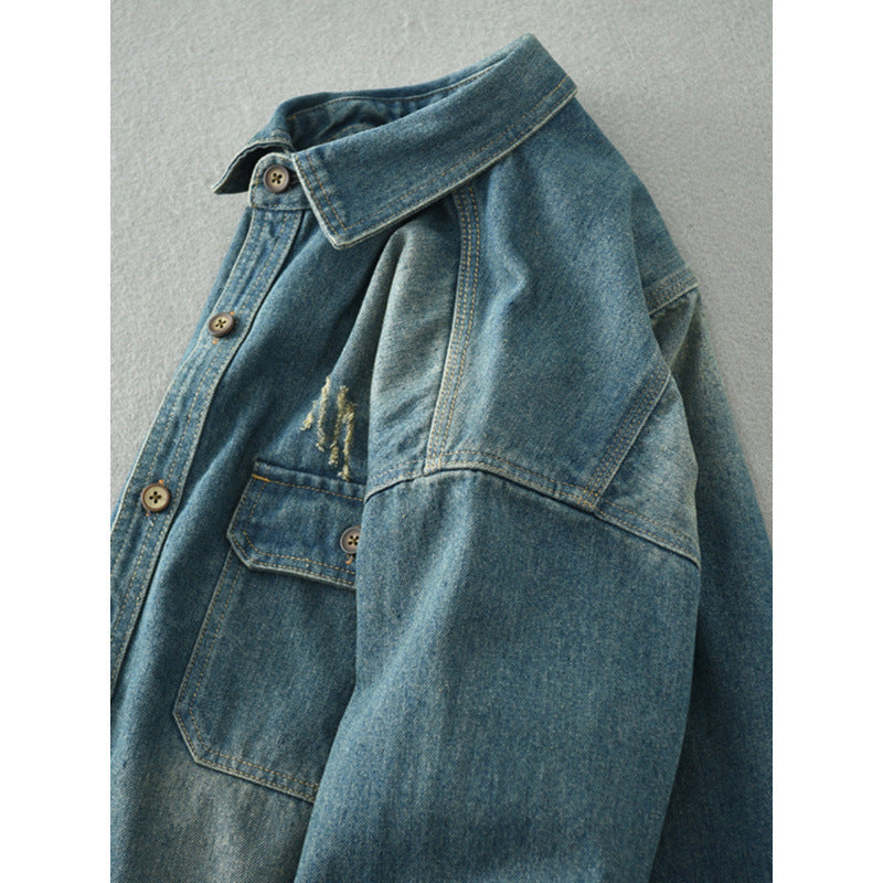 Herren Denim-Hemdjacke im Used-Look mit aufgesetzten Brusttaschen und Knopfleiste Nord Taschen