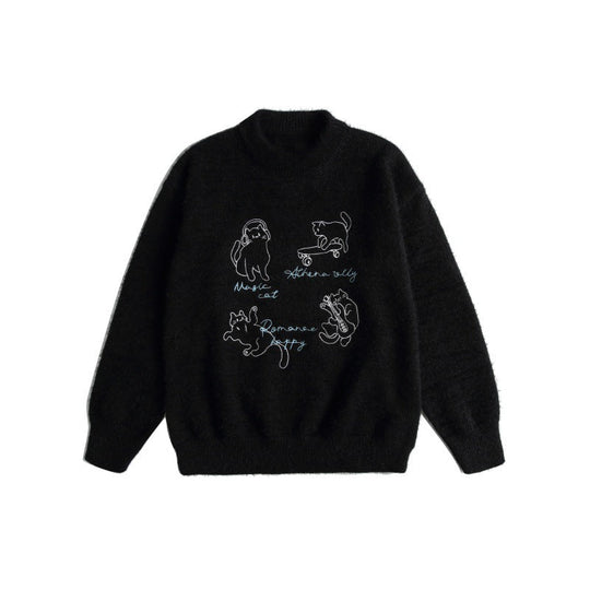 Damen Weicher Pullover mit verspielter Katzenstickerei und leichtem Stehkragen Nord Taschen