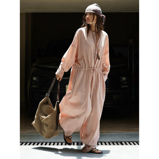 Damen Weites Baumwoll‑Mix Jumpsuit mit Tunnelzug und Ballonärmeln Nord Taschen
