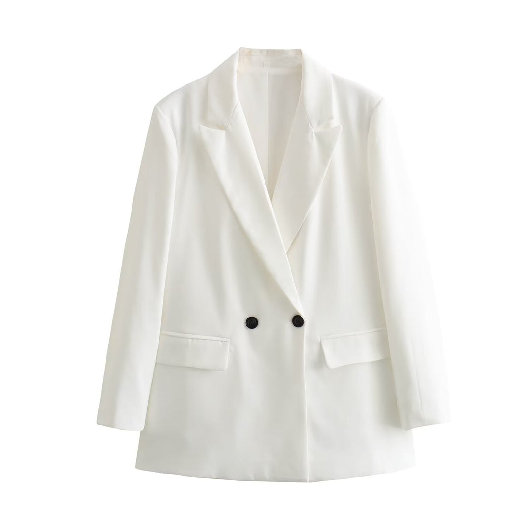 Damen Doppelreihiger Longblazer mit weitem Schalkragen und Pattentaschen Nord Taschen