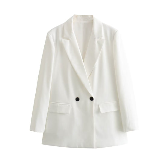 Damen Doppelreihiger Longblazer mit weitem Schalkragen und Pattentaschen Nord Taschen