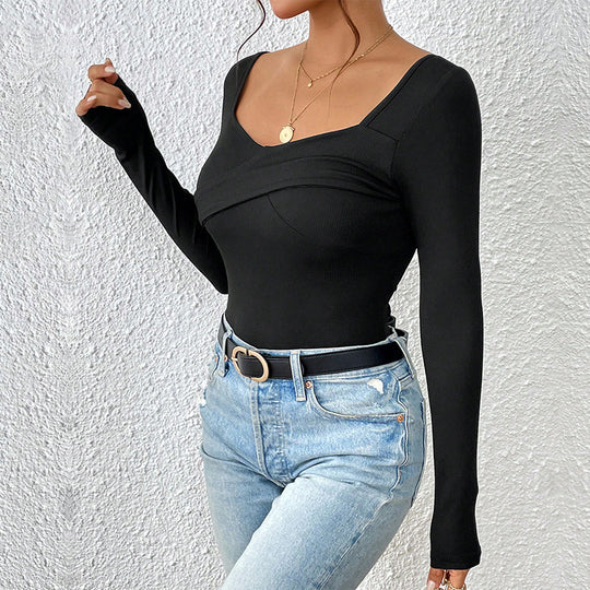 Damen Tailliertes Rippshirt mit quadratischem Dekolleté und Überlappungsdetail Nord Taschen