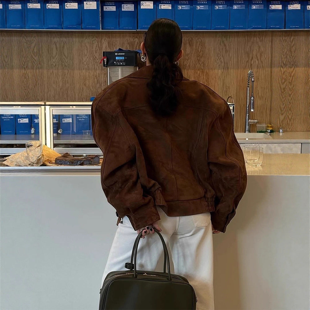 Damen Kurze Veloursleder‑Boxyjacke mit kimonoähnlichem Revers Nord Taschen