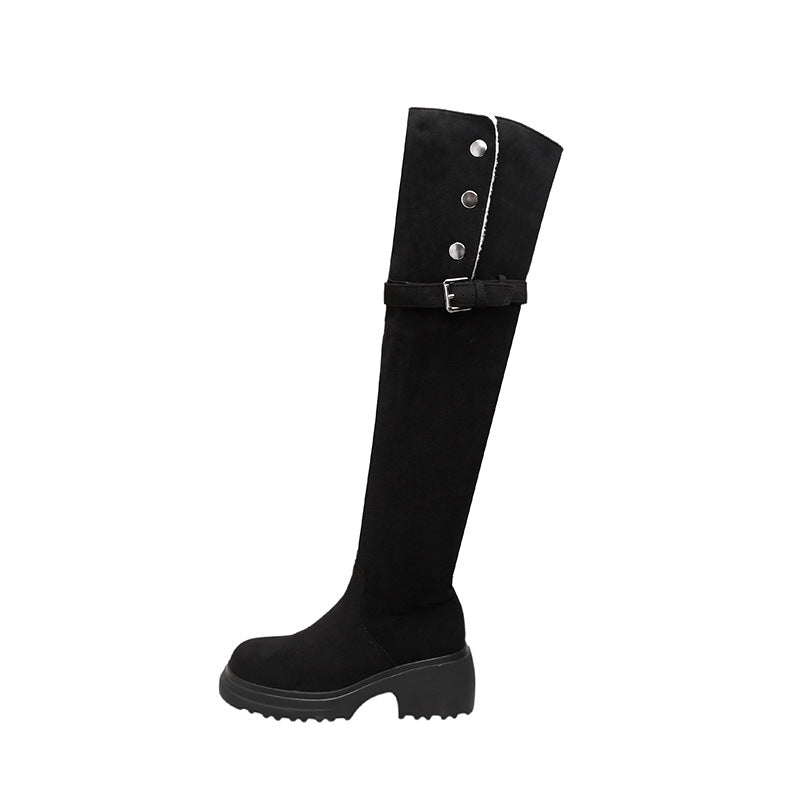 Damen kniehohe Worker‑Stiefel mit umklappbarem Teddy‑Bündchen und sculpted Plateau‑Absatz Nord Taschen