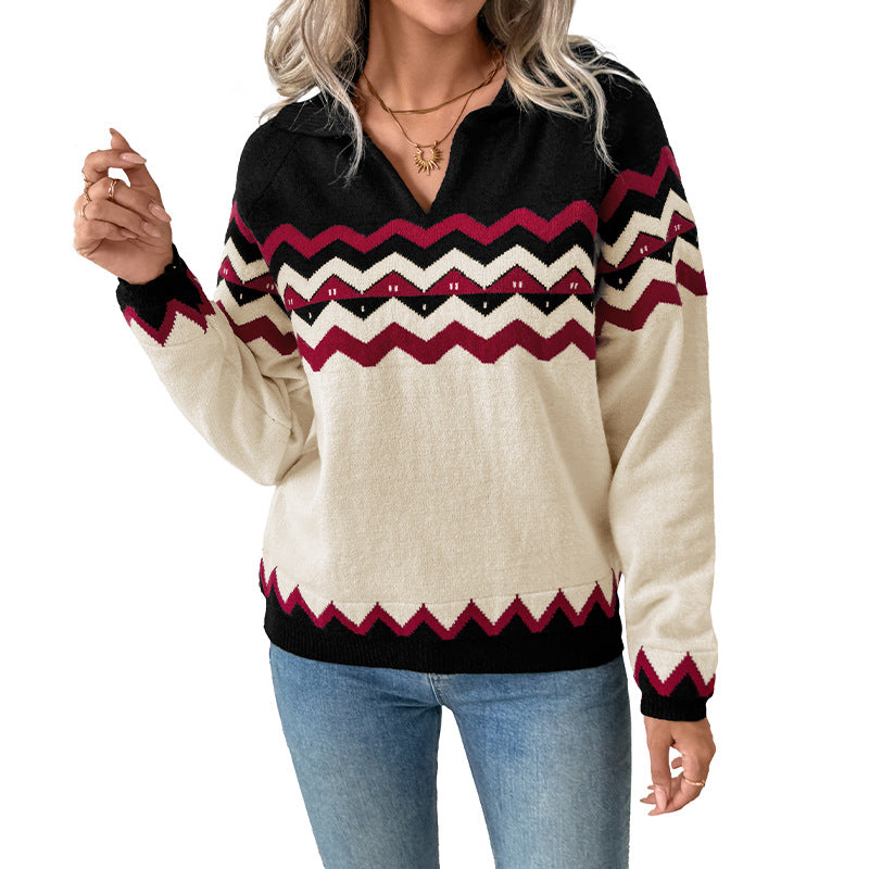 Damen Kuscheliger V‑Ausschnitt Strickpullover mit Zickzack‑Jacquard und Kapuzenkragen Nord Taschen
