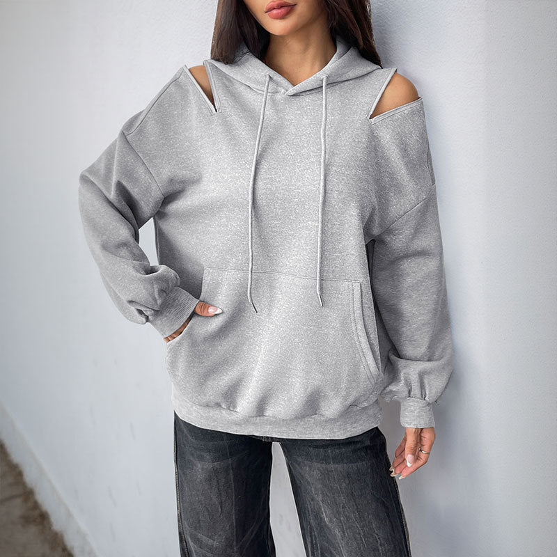 Damen Lässiger Kapuzenpullover mit Schulteröffnungen, Kängurutasche und gerippten Bündchen Nord Taschen