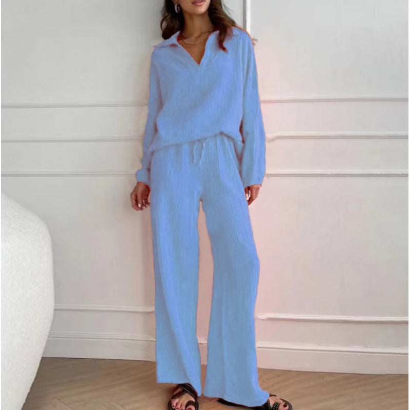 Damen Leichtes Crinkle-Lounge-Set mit V-Ausschnitt und weiter High-Waist-Hose Nord Taschen
