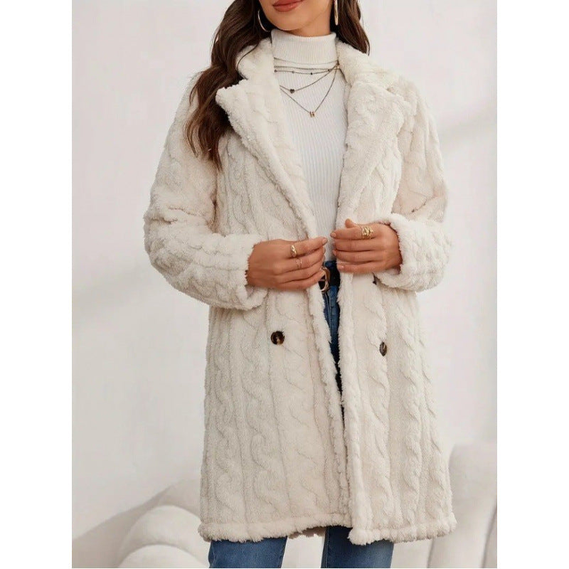 Damen Midilanger Teddy-Mantel mit Zopfmuster, Reverskragen und doppelt geknöpfter Front Nord Taschen