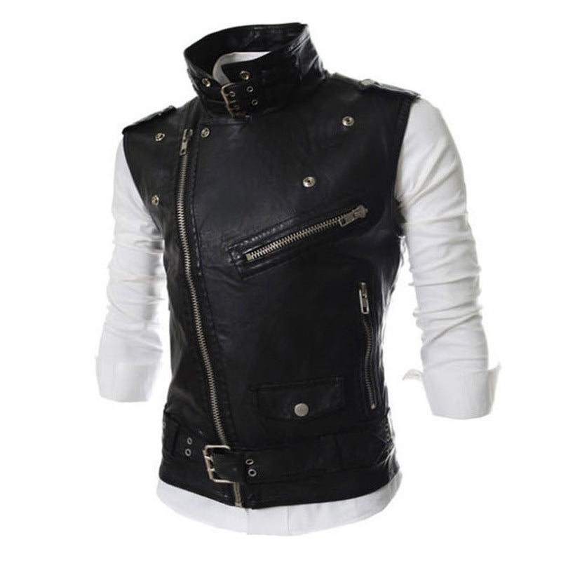 Herren ärmellose Bikerweste mit asymmetrischem Reißverschluss, Ziergürteln und Metallakzenten Nord Taschen