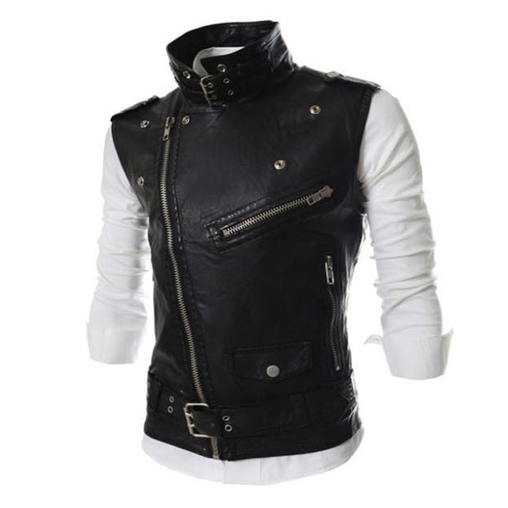 Herren ärmellose Bikerweste mit asymmetrischem Reißverschluss, Ziergürteln und Metallakzenten Nord Taschen