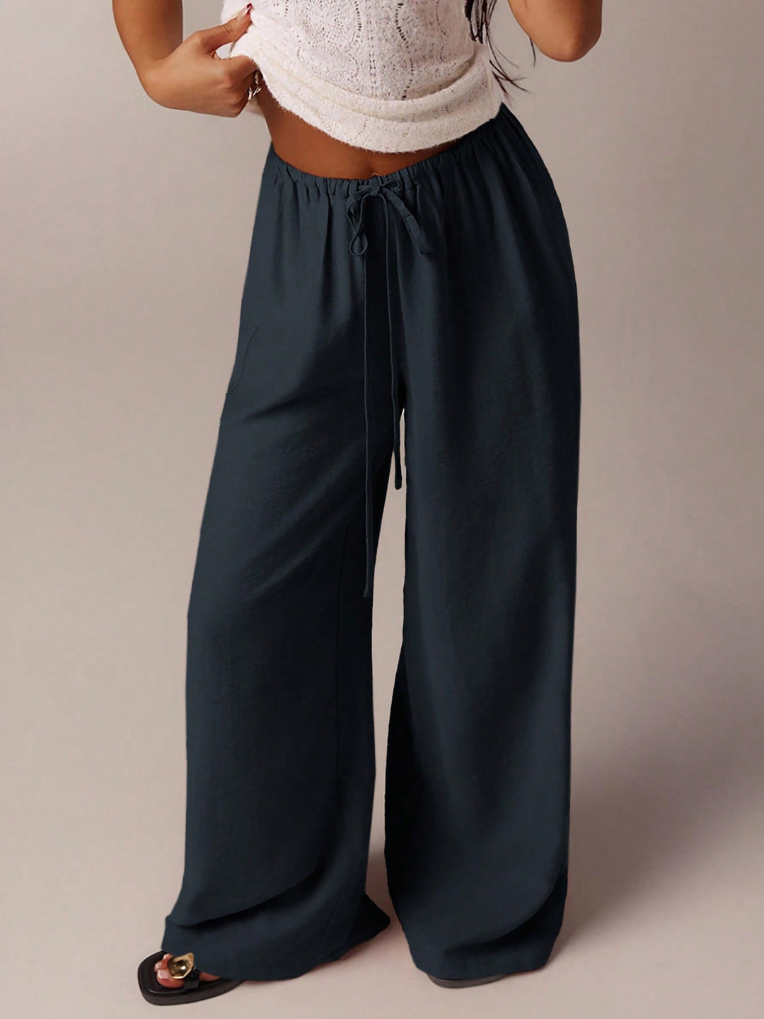 Damen Weite Relax-Hose aus Viskose-Leinen-Mix mit Elastikbund und Kordel Nord Taschen