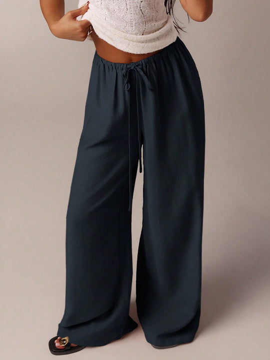 Damen Weite Relax-Hose aus Viskose-Leinen-Mix mit Elastikbund und Kordel Nord Taschen