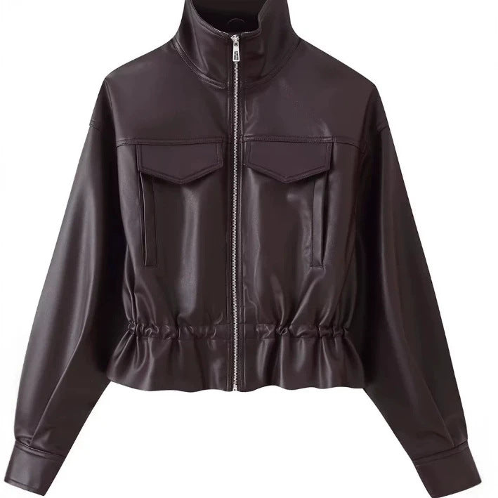 Damen Kurz geschnittener Kunstleder-Blouson mit hohem Stehkragen, Brustpatten und Tunnelzug Nord Taschen