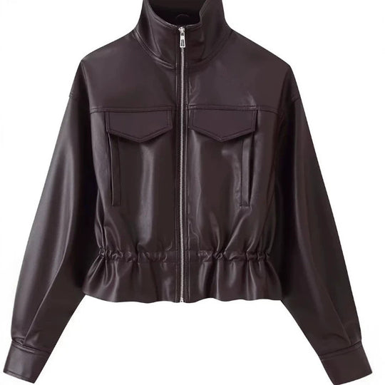 Damen Kurz geschnittener Kunstleder-Blouson mit hohem Stehkragen, Brustpatten und Tunnelzug Nord Taschen