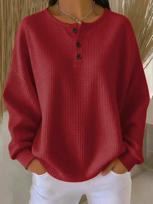 Damen Oversize Waffelstrick-Henleyshirt mit Knopfleiste und Rundhalsausschnitt Nord Taschen