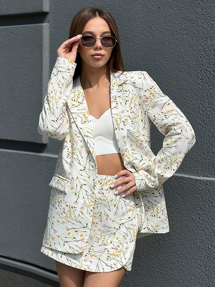 Damen Florales Blazer- und Minirock-Set aus strukturierter Baumwollmischung Nord Taschen