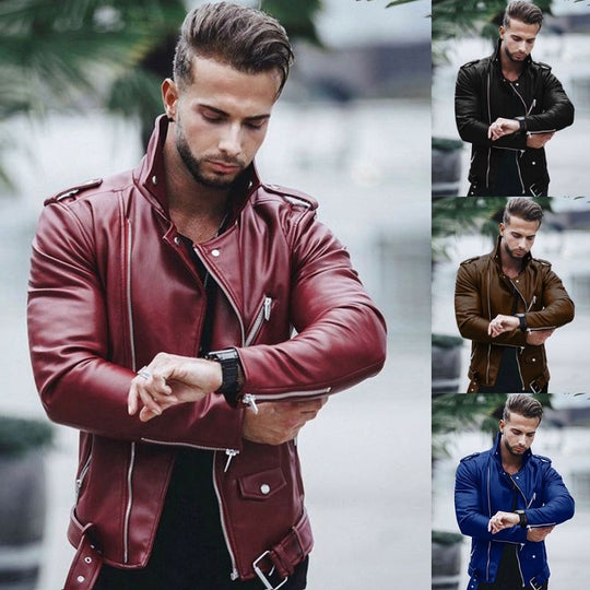 Herren stylische Bikerjacke aus Kunstleder mit asymmetrischem Reißverschluss und tailliertem Schnitt Nord Taschen