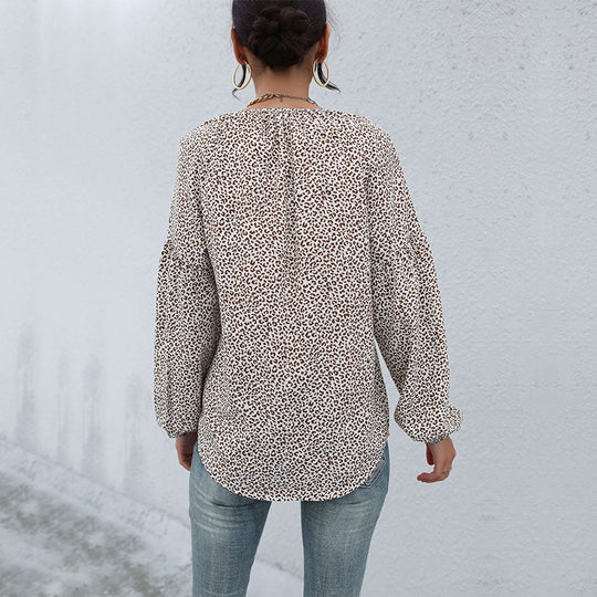 Damen Legere Tunika-Bluse mit feinem Leopardenprint, Knopfleiste und Ballonärmeln Nord Taschen