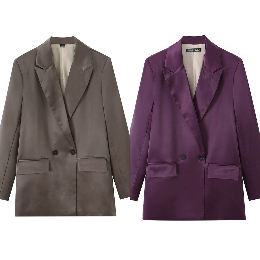 Damen Satin-Longblazer mit doppelreihiger Knopfleiste, Schalkragen und Pattentaschen Nord Taschen