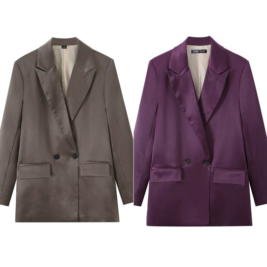 Damen Satin-Longblazer mit doppelreihiger Knopfleiste, Schalkragen und Pattentaschen Nord Taschen