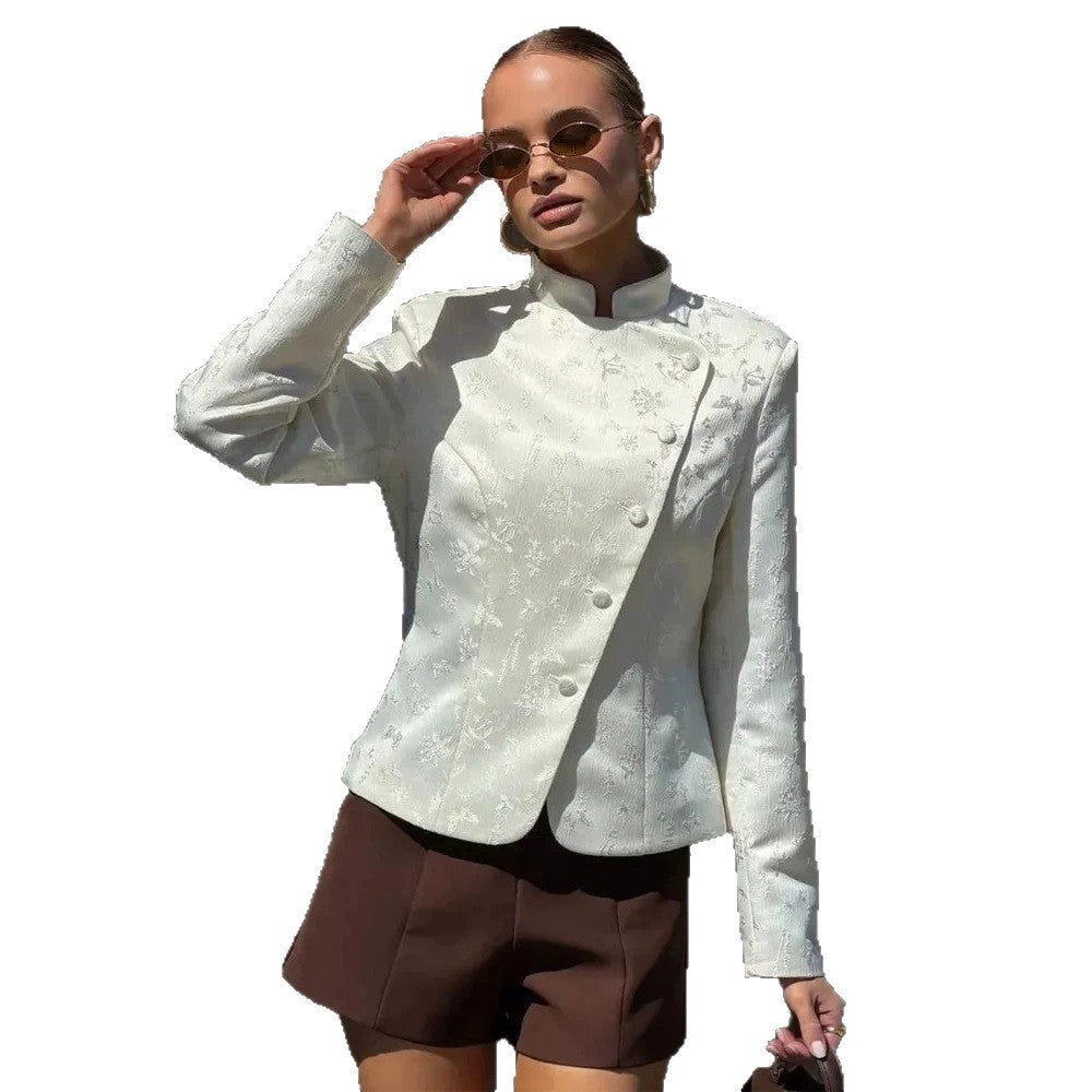 Damen Taillierter Jacquard-Blazer mit überlappendem Revers und dekorativen Knöpfen Nord Taschen