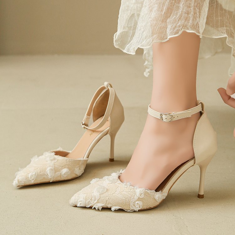 Damen elegante High Heels mit floralem Spitzendesign und verstellbarem Riemen