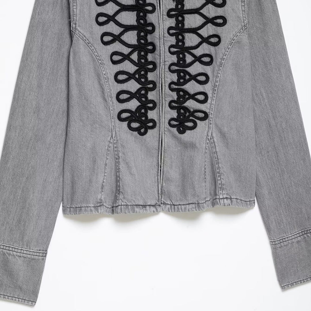 Damen Jeansjacke mit militärischer Kordelapplikation und Stehkragen Nord Taschen