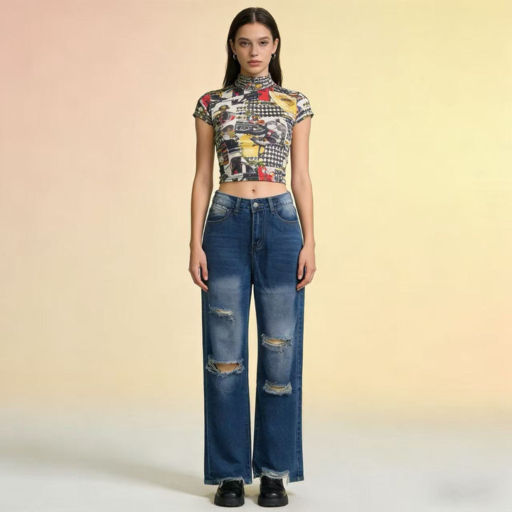 Damen hochgeschnittene Relaxed-Jeans mit weitem Bein, Knie-Rips und rohem Saum Nord Taschen
