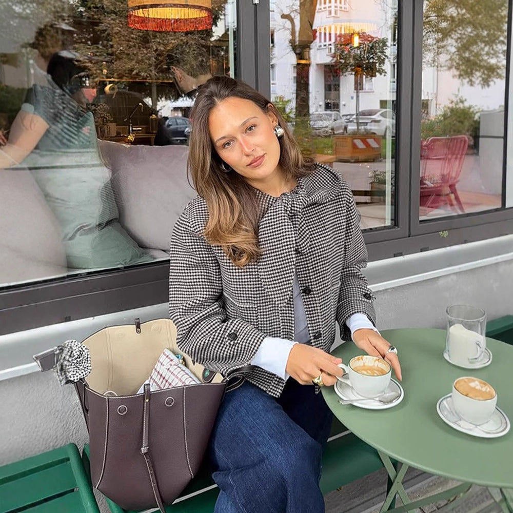 Damen Kurzjacke im Hahnentrittmuster mit Schleifenkragen Nord Taschen