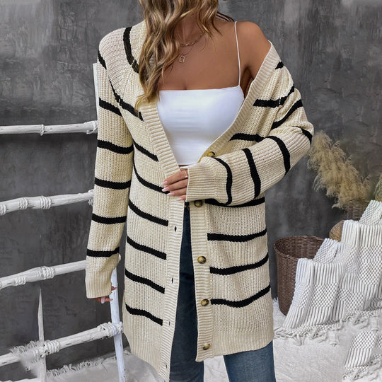Damen Lässiger Strickcardigan mit Streifen Nord Taschen