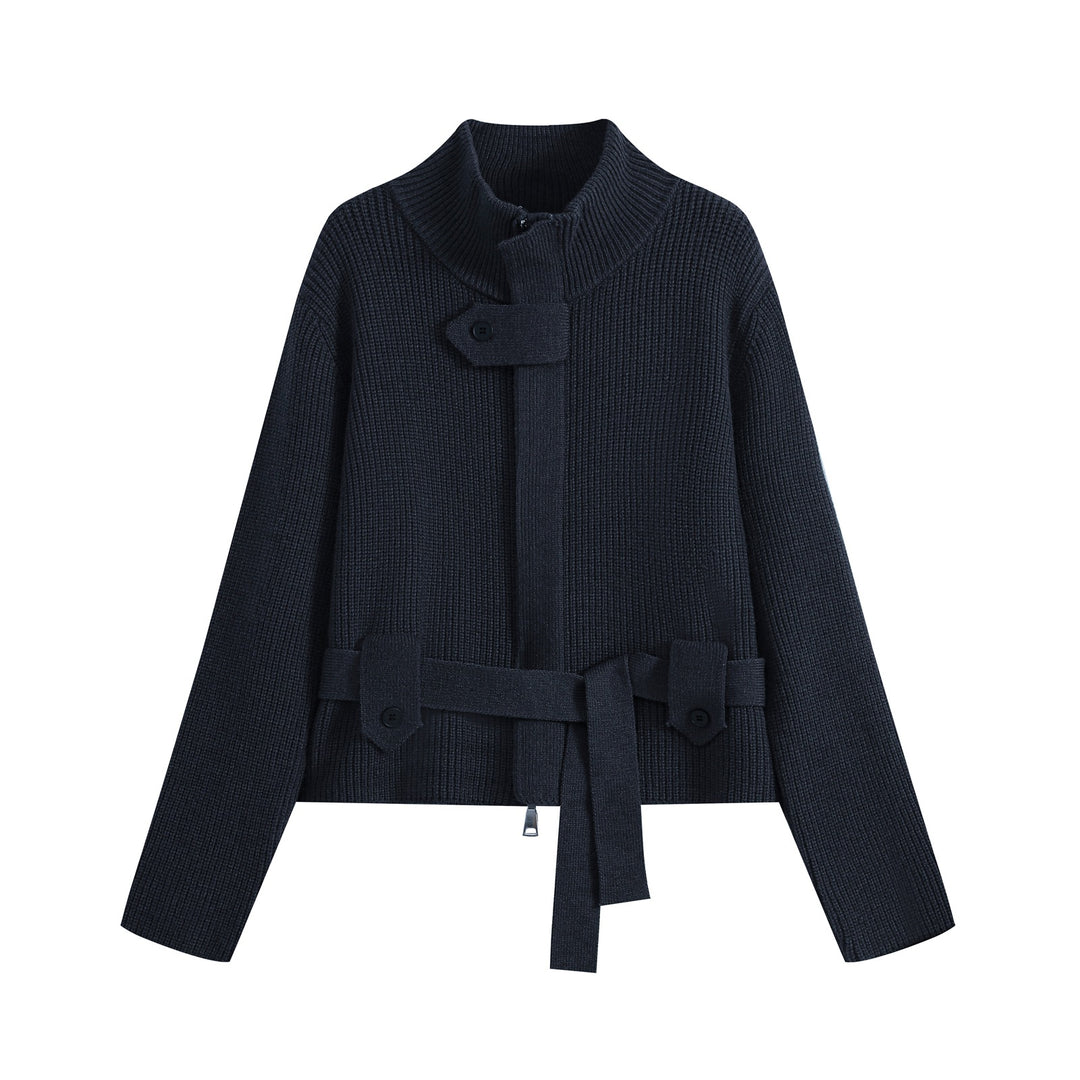 Damen Strickjacke mit Stehkragen, Reißverschluss und Taillenbindegürtel Nord Taschen