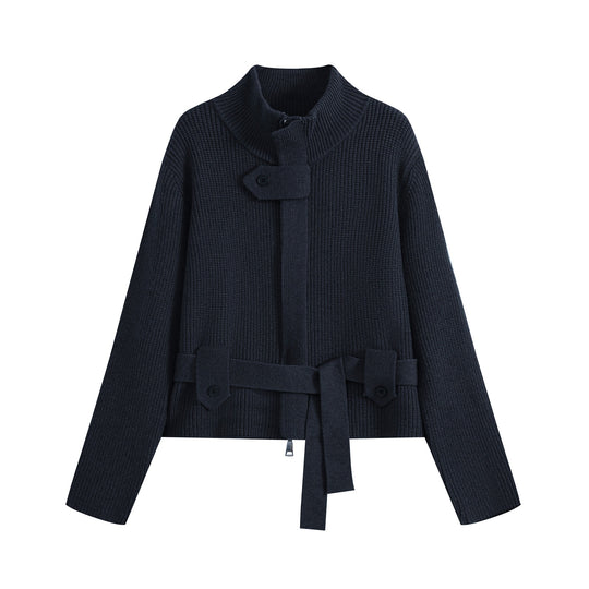 Damen Strickjacke mit Stehkragen, Reißverschluss und Taillenbindegürtel Nord Taschen