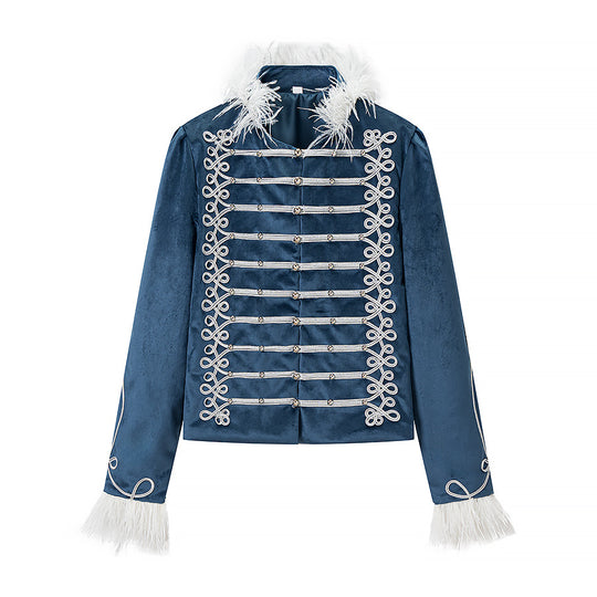 Damen Samt-Militärjacke mit Federbesatz und Zierpaspelierung Nord Taschen