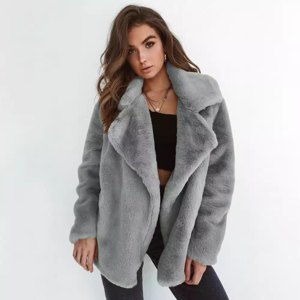 Damen Kuscheliger Oversized Kunstpelz-Mantel mit großem Reverskragen Nord Taschen