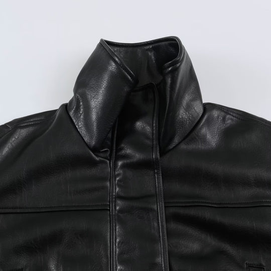 Damen Oversize Lederoptik-Blousonjacke mit Stehkragen und elastischem Saum Nord Taschen