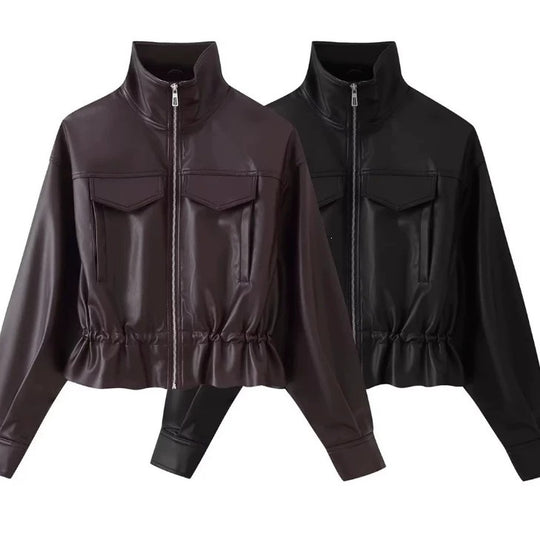 Damen gekürzte Kunstlederjacke mit Stehkragen, Reißverschluss und taillierendem Smok Nord Taschen