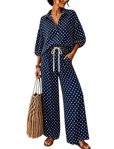 Damen Gepunktetes Zweiteiliges Lounge-Set mit Hemdblusen-Oberteil und Kordelzug-Weitbundhose Nord Taschen