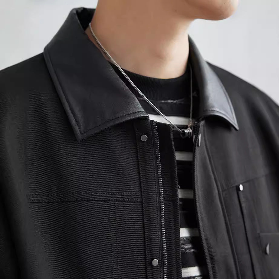 Herren Boxy-Zipjacke aus strukturiertem Baumwollmix mit Lederkragen und verdeckter Druckknopfblende Nord Taschen