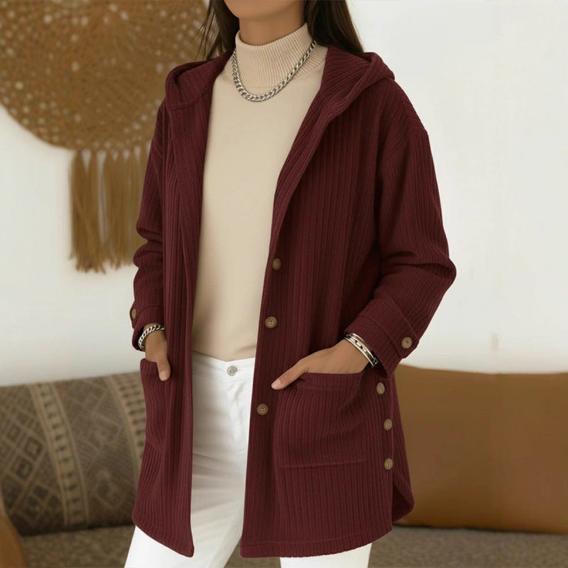 Damen Langer Kapuzen-Strickcardigan mit Rippenstruktur, Knopfleiste und Seitentaschen Nord Taschen