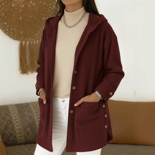 Damen Langer Kapuzen-Strickcardigan mit Rippenstruktur, Knopfleiste und Seitentaschen Nord Taschen
