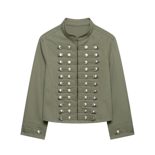 Damen Taillierte Denim‑Blazerjacke im militärisch inspirierten Marschallstil mit Zierknopfleiste Nord Taschen
