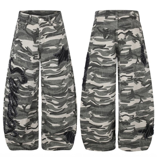 Damen Weite Camouflage‑Palazzo‑Hose mit Ballon‑Saum und dekorativen Stickdetails Nord Taschen