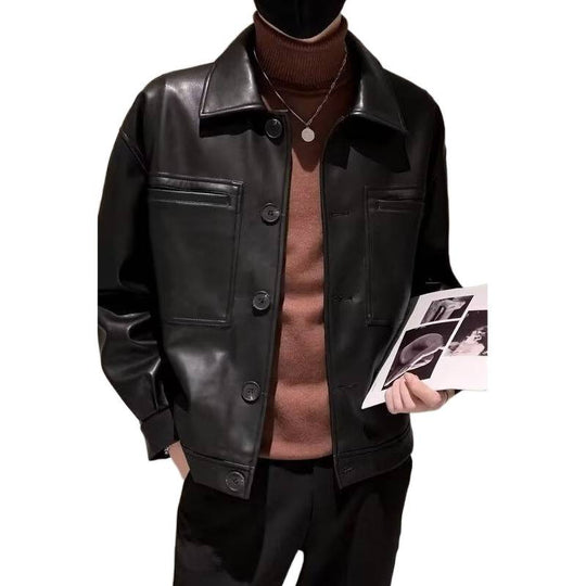 Herren Boxy Overshirt aus Lederoptik mit Hemdkragen und aufgesetzten Brusttaschen Nord Taschen