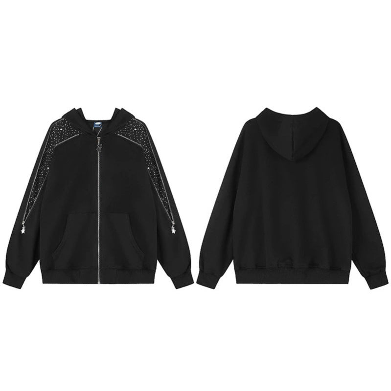 Damen Kapuzen‑Sweatjacke mit Zierstein‑Schulterpaneel, Stern‑Zipper und Oversize‑Silhouette Nord Taschen