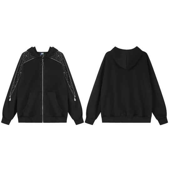 Damen Kapuzen‑Sweatjacke mit Zierstein‑Schulterpaneel, Stern‑Zipper und Oversize‑Silhouette Nord Taschen