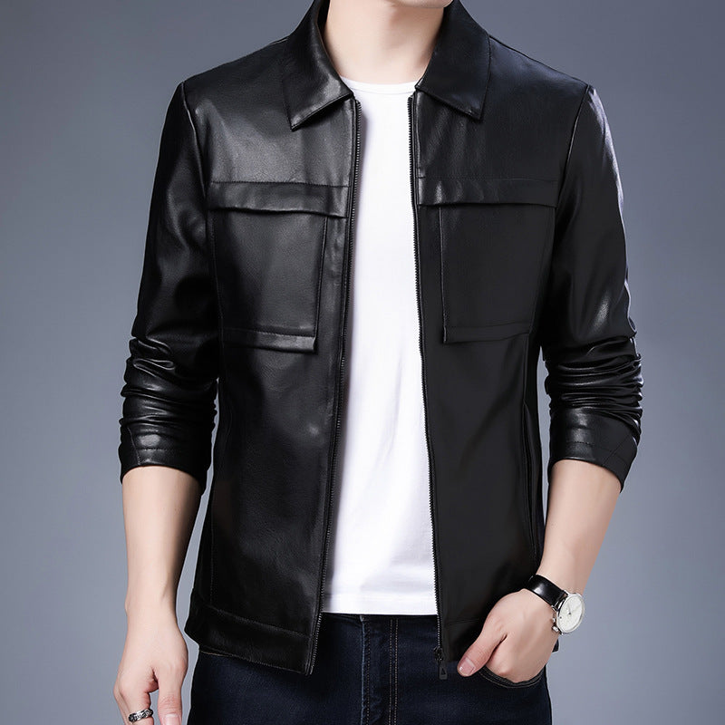 Herren Slim‑Fit Lederoptik-Truckerjacke mit Hemdkragen, verdecktem Reißverschluss und Pattentaschen Nord Taschen