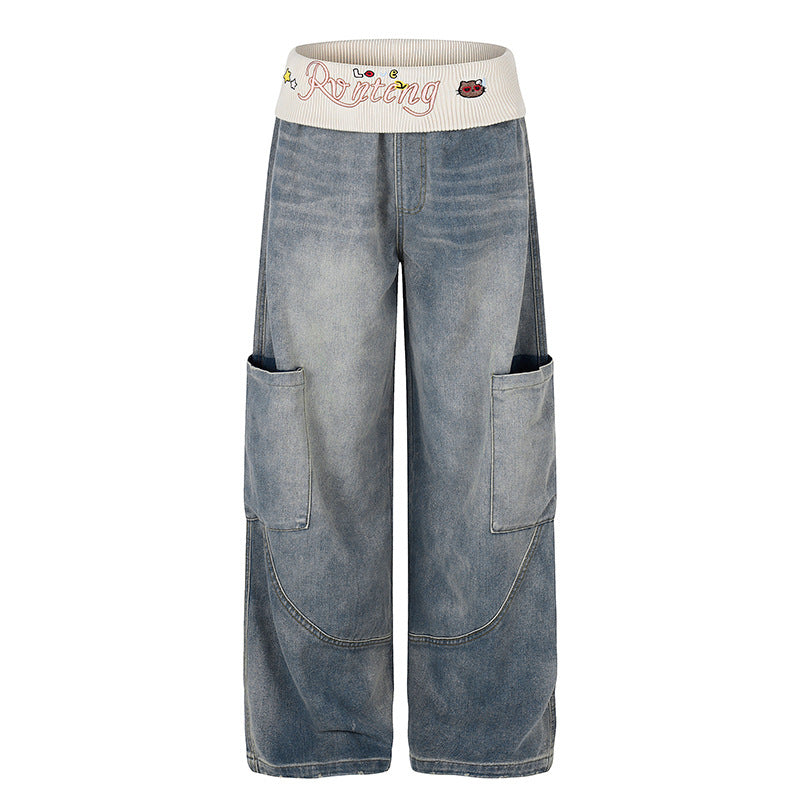 Damen Weite Denim-Palazzo-Cargo-Hose mit Komfort-Rippbund und aufgesetzten Taschen Nord Taschen