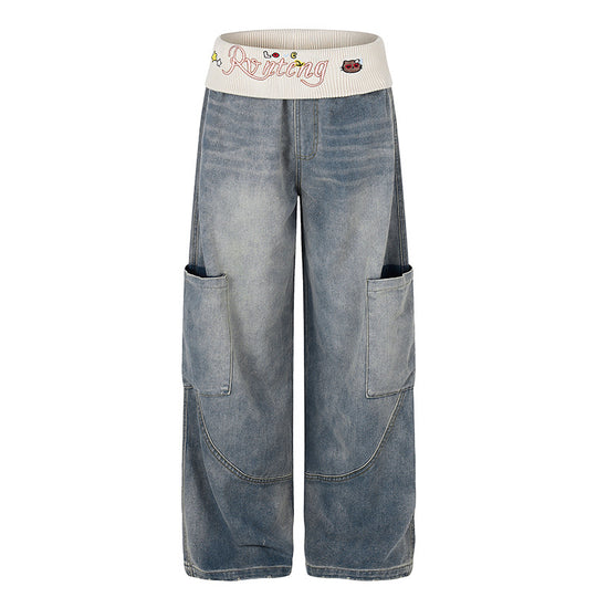 Damen Weite Denim-Palazzo-Cargo-Hose mit Komfort-Rippbund und aufgesetzten Taschen Nord Taschen