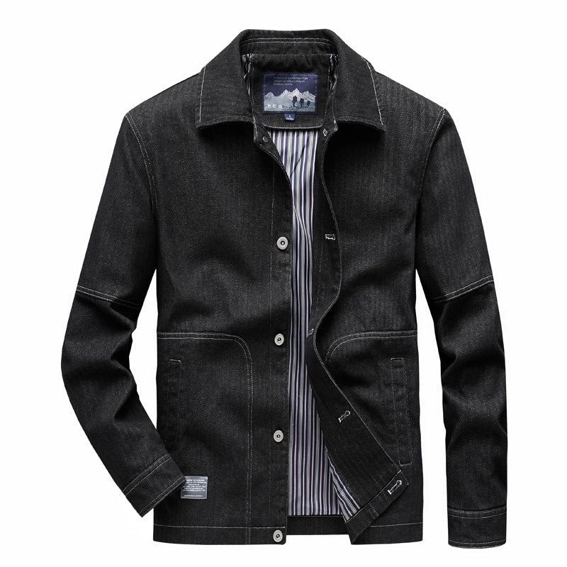 Herren Denim-Workerjacke mit geradem Schnitt, Kontrastnähten & gestreiftem Innenfutter Nord Taschen