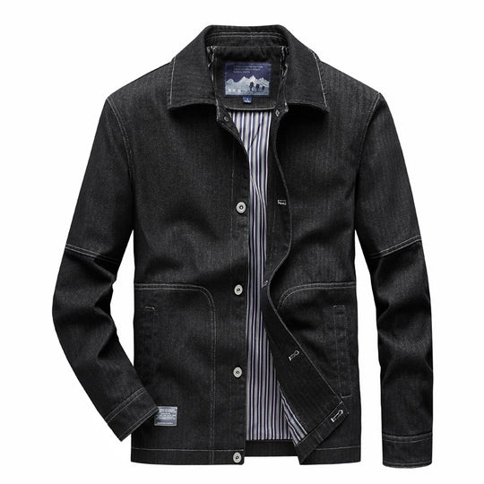 Herren Denim-Workerjacke mit geradem Schnitt, Kontrastnähten & gestreiftem Innenfutter Nord Taschen